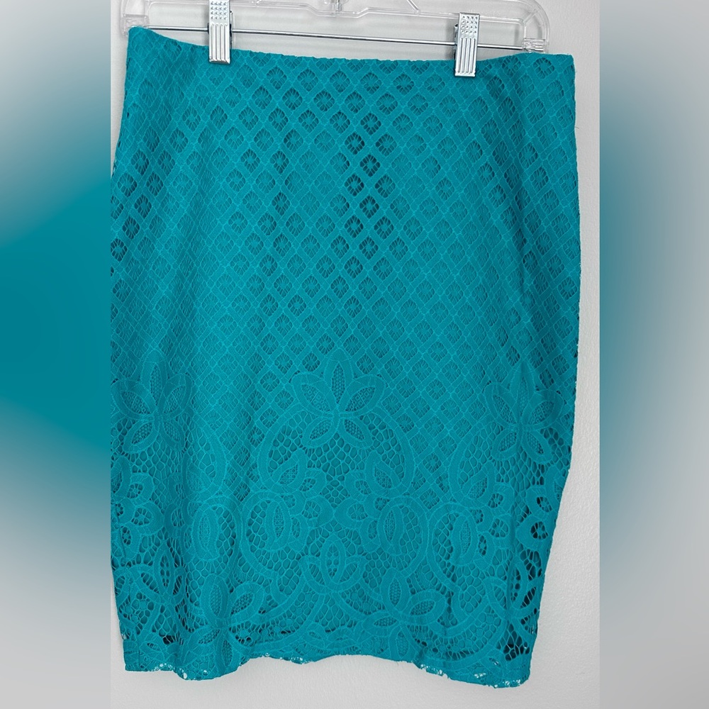 Loft  Skirt Womens Size 4 Turquoise Lace Pencil Knee Length Lined